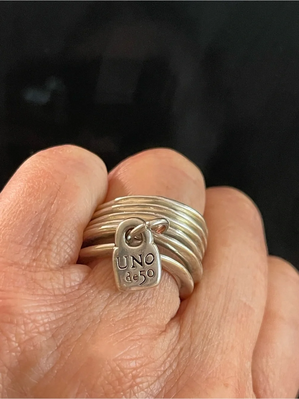 UNO de 50 Silver “prisoner”Multi-Ring Statement with Charm with Gift Pouch
